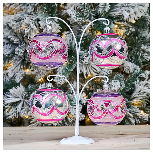 Bola árvore Natal 100 mm transparente fúcsia decorações prateadas vidro soprado 2