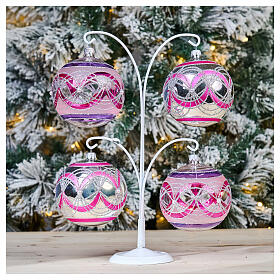 Transparent fucsia blown glass ball glitter swirls 10 cm