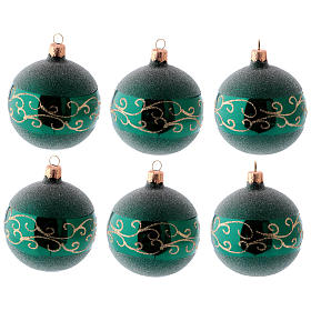 Christmas balls in green blown glass with golden decorations 80 mm 6 pieces