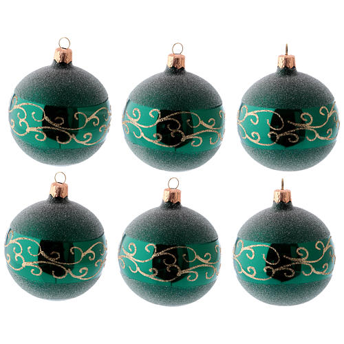Christmas balls in green blown glass with golden decorations 80 mm 6 pieces 1