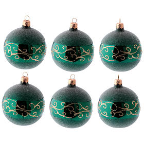 Palline albero Natale 6 pz vetro soffiato verde decori dorati 80 mm