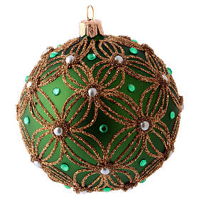 Weihnachtskugel aus mundgeblasenem Glas Grundton Grün verziert mit weißen und grünen Perlen 80 mm