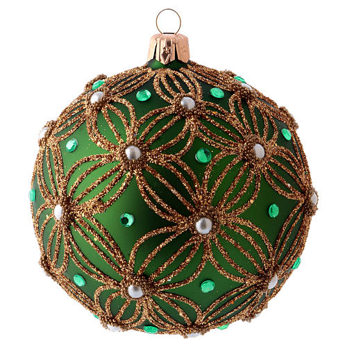 Weihnachtskugel aus mundgeblasenem Glas Grundton Grün verziert mit weißen und grünen Perlen 80 mm 1