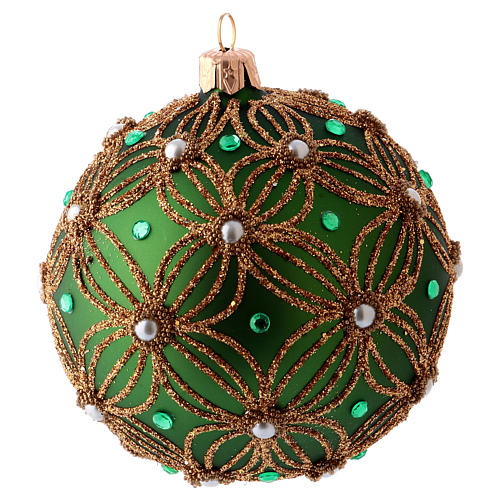 Weihnachtskugel aus mundgeblasenem Glas Grundton Grün verziert mit weißen und grünen Perlen 80 mm 2