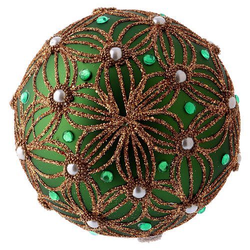 Weihnachtskugel aus mundgeblasenem Glas Grundton Grün verziert mit weißen und grünen Perlen 80 mm 3