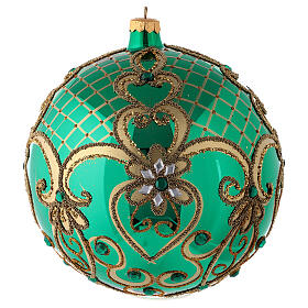 Christmas ball in blown glass 200 mm, green with golden flower decoration