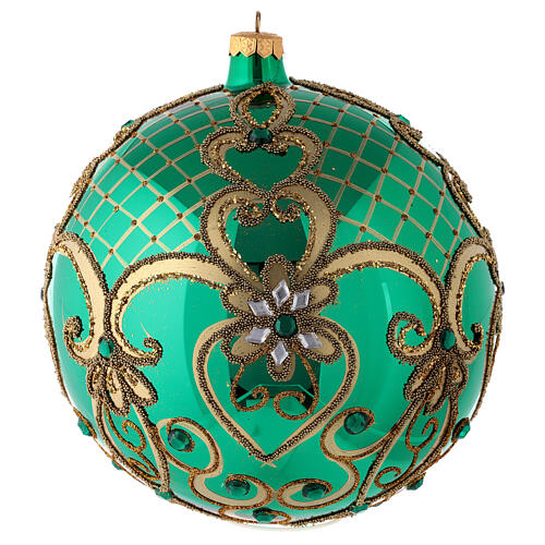 Christmas ball in blown glass 200 mm, green with golden flower decoration 1