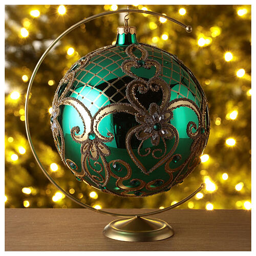 Christmas ball in blown glass 200 mm, green with golden flower decoration 2
