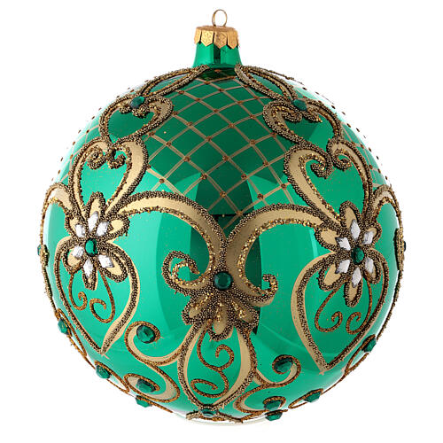 Christmas ball in blown glass 200 mm, green with golden flower decoration 3