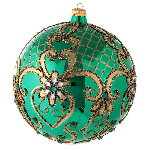 Christmas ball in blown glass 200 mm, green with golden flower decoration 4