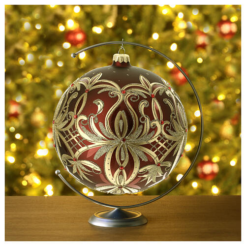 Weihnachtsbaumkugel aus mundgeblasenem Glas Grundton Rot mit goldenen floralen Verzierungen 200 mm 4