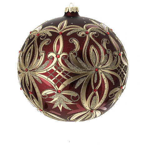 Weihnachtsbaumkugel aus mundgeblasenem Glas Grundton Rot mit goldenen floralen Verzierungen 200 mm 8