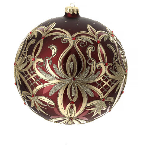 Christmas ball in blown glass 200 mm, red with golden flower decoration 2