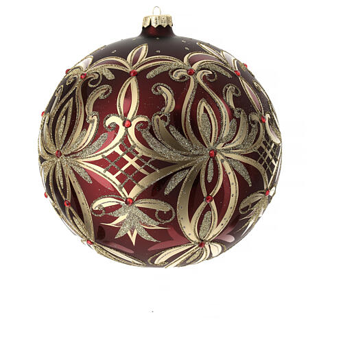 Palla Natale vetro soffiato 200 mm rossa decori fiori dorati 3