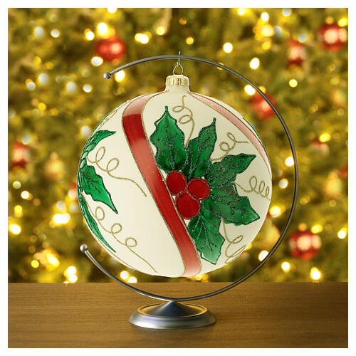 Weihnachtsbaumkugel aus mundgeblasenem Glas Grundton Cremeweiß mit Stechpalmenmotiv 200 mm 4