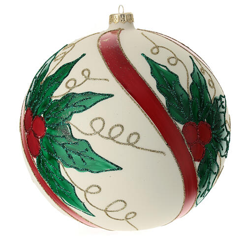 Weihnachtsbaumkugel aus mundgeblasenem Glas Grundton Cremeweiß mit Stechpalmenmotiv 200 mm 6