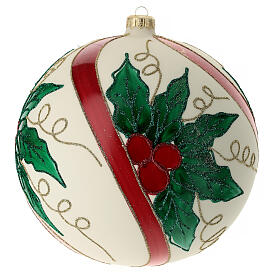 Christmas ball in blown glass 200 mm, cream coloured with holly decoration