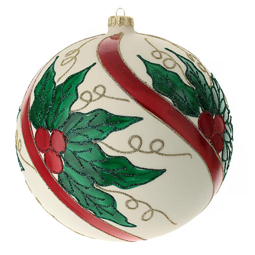 Christmas ball in blown glass 200 mm, cream coloured with holly decoration 8