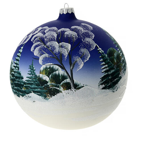 Weihnachtsbaumkugel aus mundgeblasenem Glas Grundton Blau Motiv schneebedecktes nordisches Dorf 200 mm 7
