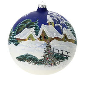Christmas ball in blown glass 150 mm, snowy nordic village under blue sky