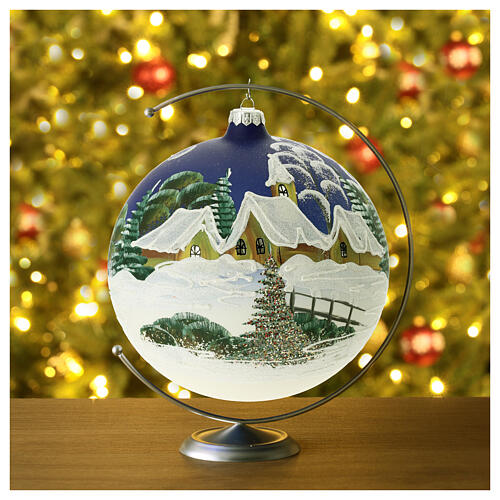 Christmas ball in blown glass 150 mm, snowy nordic village under blue sky 3
