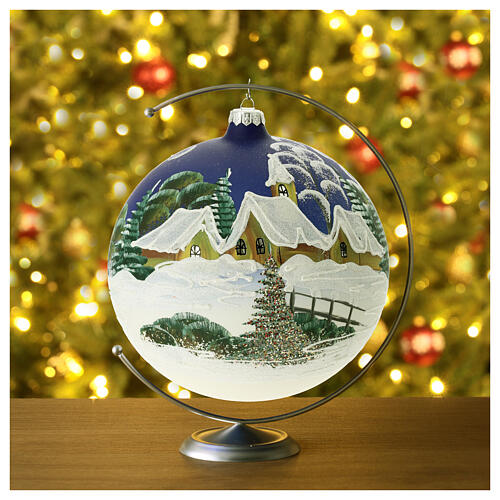 Christmas ball in blown glass 150 mm, snowy nordic village under blue sky 2