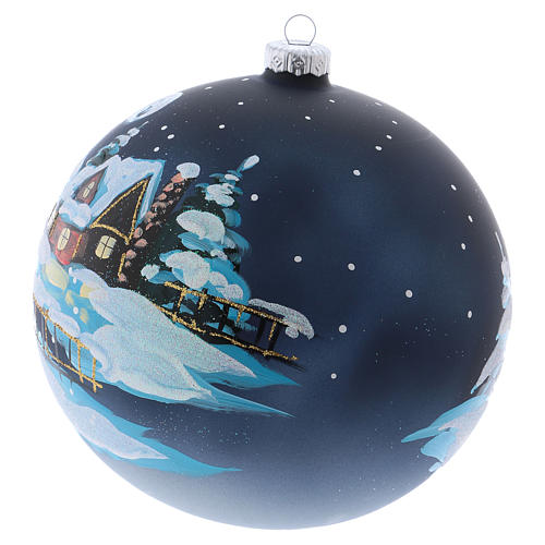 Christmas ball in blown glass 150 mm, snowy mountain village at night 2