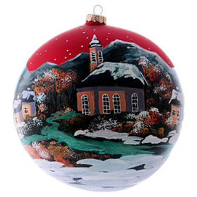 Christmas ball in blown glass 200 mm, nordic village under red sky