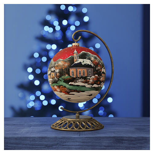 Boule Noël 200 mm village nordique enneigé ciel rouge verre soufflé 2