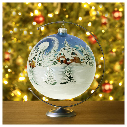 Christmas ball in blown glass 200 mm, snowy Scandinavian landscape 2