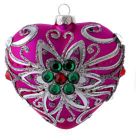 Christmas ball in pink blown glass 100 mm, heart-shaped and with silver coloured decorations