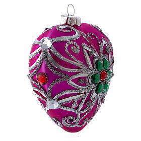 Christmas ball in pink blown glass 100 mm, heart-shaped and with silver coloured decorations