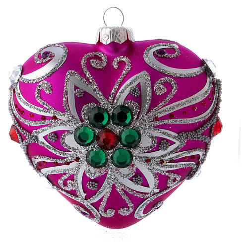 Christmas ball in pink blown glass 100 mm, heart-shaped and with silver coloured decorations 1