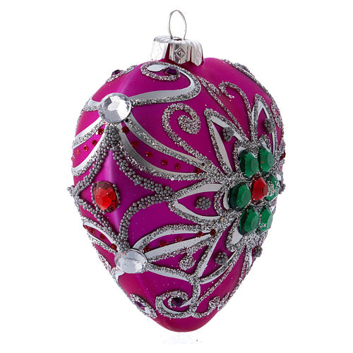 Christmas ball in pink blown glass 100 mm, heart-shaped and with silver coloured decorations 2