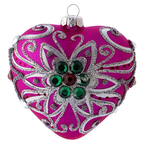 Christmas ball in pink blown glass 100 mm, heart-shaped and with silver coloured decorations 3