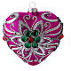 Christmas ball in pink blown glass 100 mm, heart-shaped and with silver coloured decorations s1