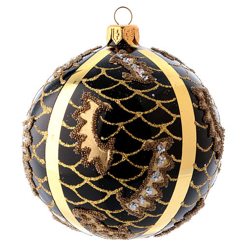 Weihnachtskugel aus mundgeblasenem Glas Grundton Schwarz mit goldenen Verzierungen 100 mm 1