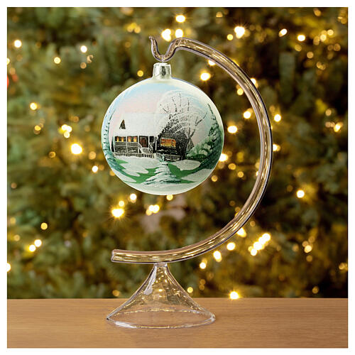Weihnachtsbaumkugel matt aus mundgeblasenem Glas 100 mm Motiv winterliches Dorf 3
