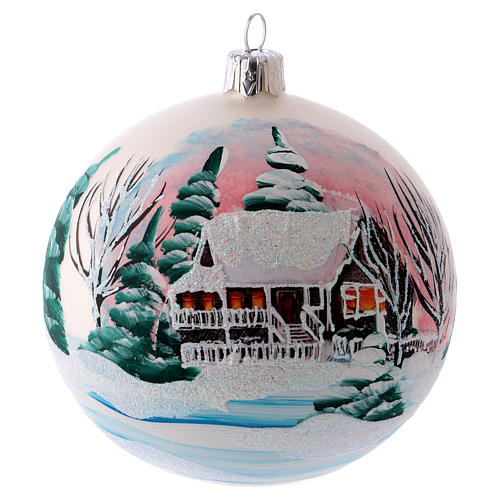 Bola árvore Natal opaca vidro soprado 100 mm aldeia de inverno nevada 1