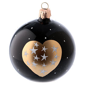 Weihnachtskugeln 6 Stück aus mundgeblasenem Glas schwarz mit goldenem Herz und Sternchen 80 mm