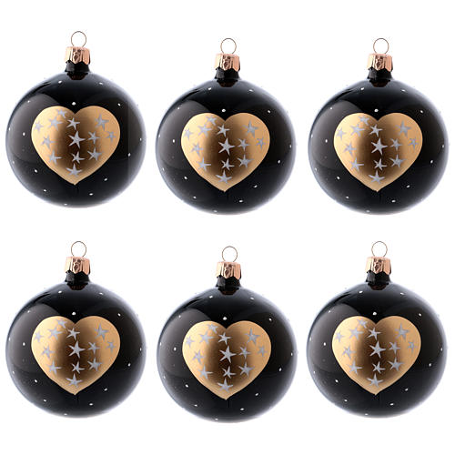 Weihnachtskugeln 6 Stück aus mundgeblasenem Glas schwarz mit goldenem Herz und Sternchen 80 mm 1