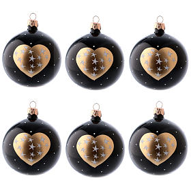 Bolas Natal 6 peças vidro soprado preto coração dourado e estrelas 80 mm