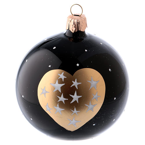 Black blown glass christmas balls 8 cm, golden hearts and stars, set of 6 2