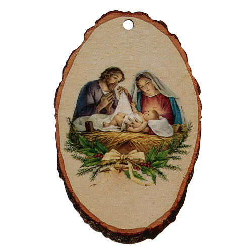 Round wooden tree ornament, Nativity scene 1