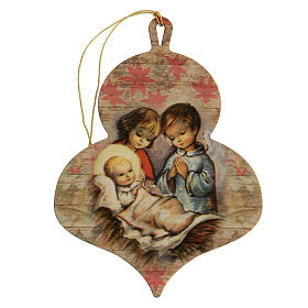 Wooden Christmas tree ornament, Children adoring Baby Jesus