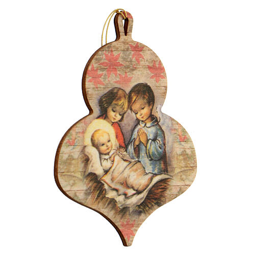 Wooden Christmas tree ornament, Children adoring Baby Jesus 2