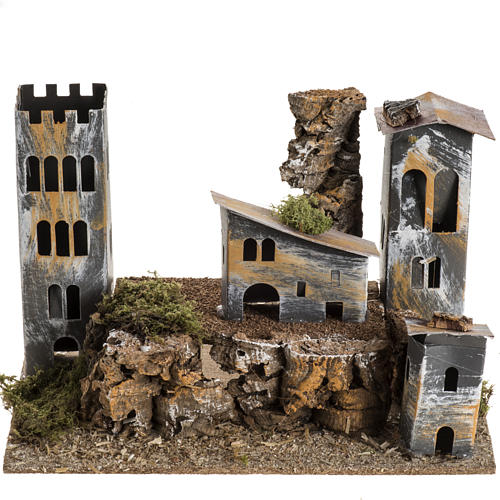 Borgo cartone con torre: ambiente presepe 1