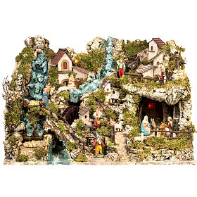 Cabanas e Grutas para Presépio: Aldeia iluminada presépio com cabana, cascatas e moinho