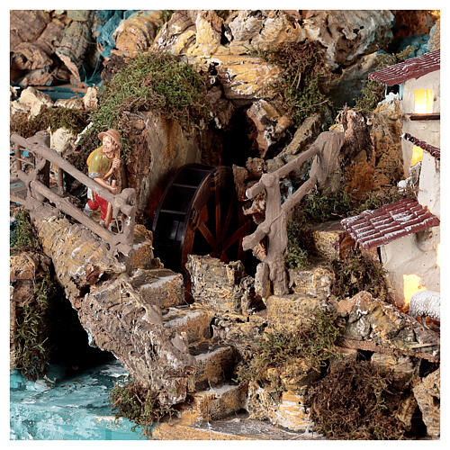 Nativity village, illuminated with waterfall, stable and mill 10
