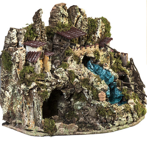 Nativity grotto with waterfall, fire, houses and lights 6